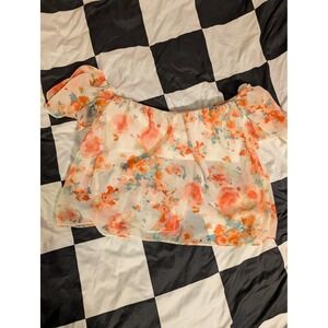 Zara Trafaluc Women Floral Print Off Shoulder Sheer Blouse Top Size S